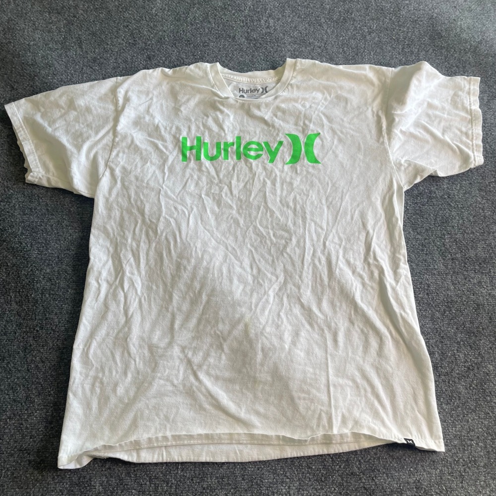 Hurley Mens Classic Fit Graphic T-Shirt White Neon Green Logo XL 100% Cotton